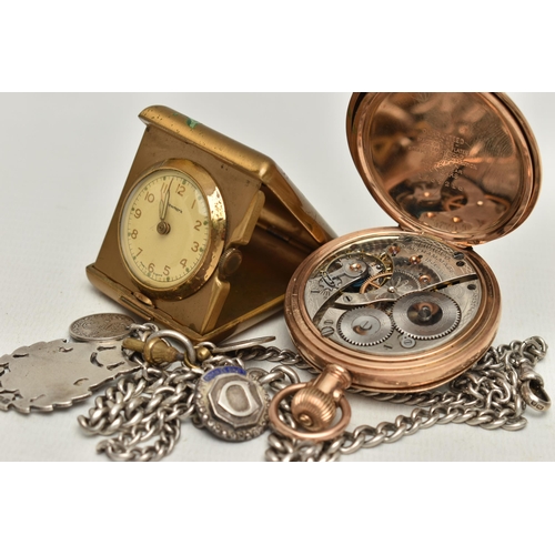 150 - FOUR ITEMS, to include an open face pocket watch, the white face with black Roman numerals and subsi... 