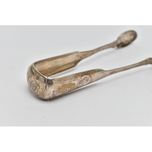 152 - A PAIR OF GEORGIAN SUGAR TONGS, fiddle pattern tongs, hallmarked 'David Gray Dumfries' 1841-1841, en... 