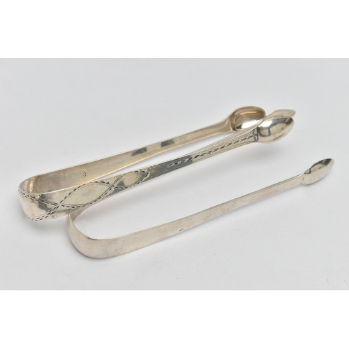 153 - TWO PAIRS OF  SILVER SUGAR TONGS, the first pair a plain polished pair of sugar tongs, hallmarked 'W... 