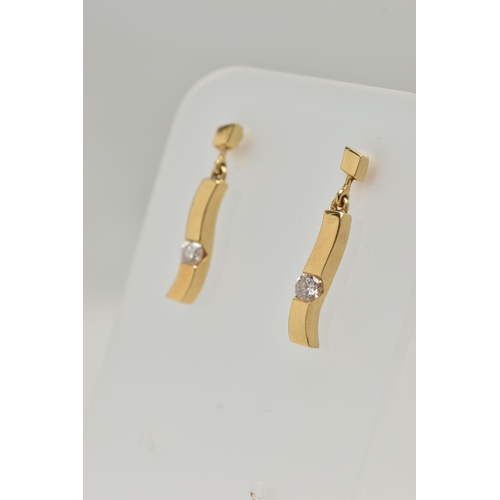 154 - A PAIR OF 18CT GOLD DIAMOND DROP EARRINGS, each of a polished curved bar set with a round brilliant ... 