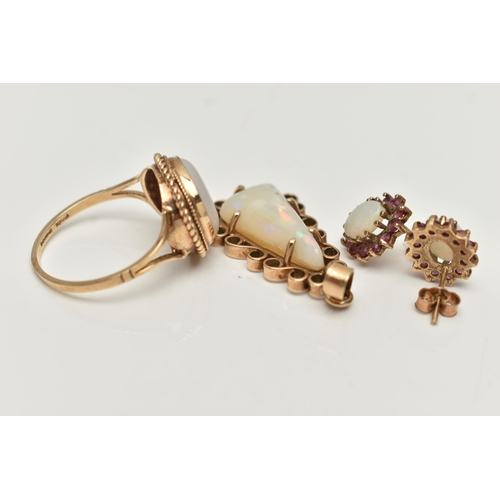 155 - A 9CT GOLD OPAL RING, PENDANT AND EARRINGS, the ring collet set with a circular opal cabochon, withi... 