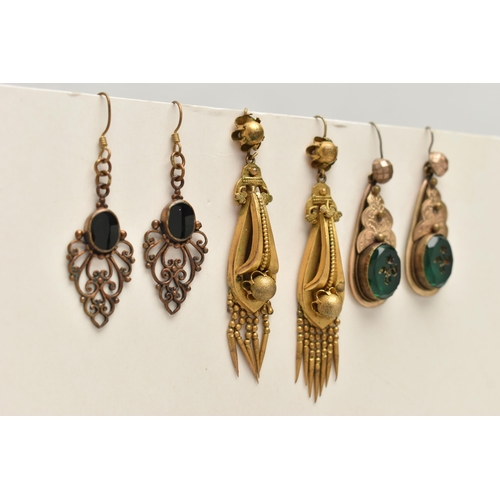 157 - TWO PAIRS OF LATE VICTORIAN/ EARLY 20TH CENTURY DROP EARRINGS AND ANOTHER PAIR, the first a pair of ... 