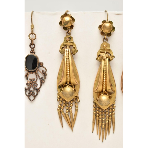 157 - TWO PAIRS OF LATE VICTORIAN/ EARLY 20TH CENTURY DROP EARRINGS AND ANOTHER PAIR, the first a pair of ... 