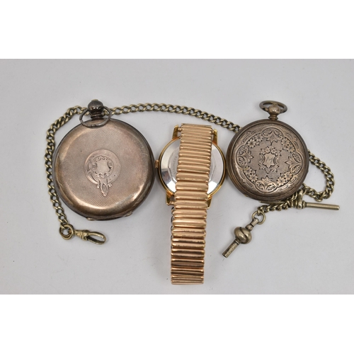 160 - TWO POCKET WATCHES AND A WRIST WATCH, the first an open face pocket watch signed 'Kendal & Dent make... 