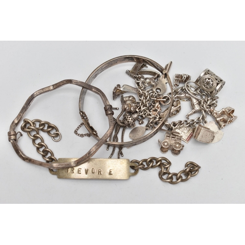 161 - AN ASSORTMENT OF SILVER BRACELETS, two hinged bangles, an AF identification tag bracelet, and an AF ... 