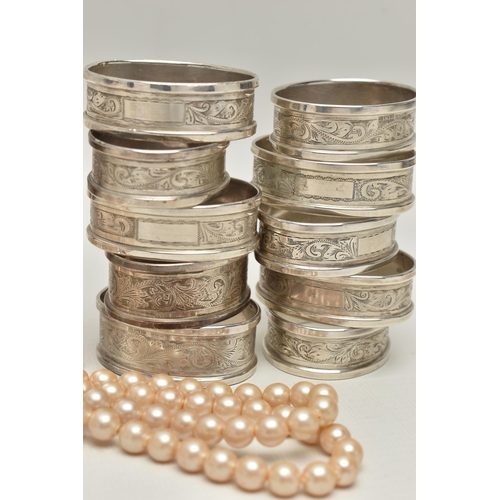 162 - A .999 FINE SILVER ONE HUNDRED DOLLAR BANK NOTE, SILVER NAPKIN RINGS AND A IMITATION PEARL NECKLACE,... 