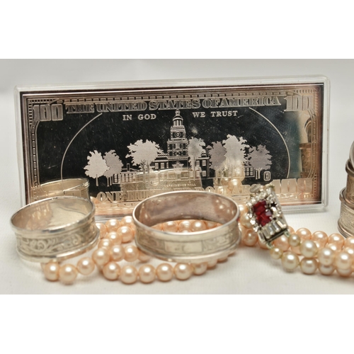 162 - A .999 FINE SILVER ONE HUNDRED DOLLAR BANK NOTE, SILVER NAPKIN RINGS AND A IMITATION PEARL NECKLACE,... 