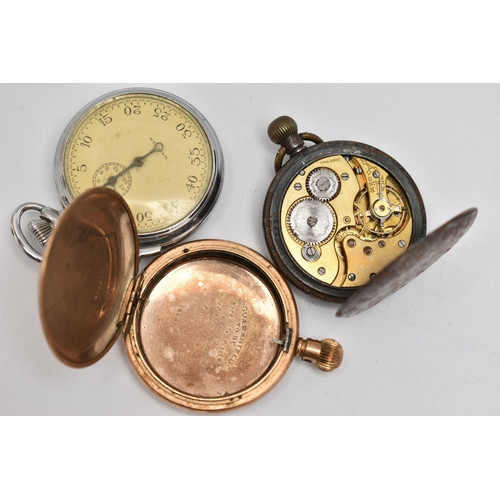 167 - TWO POCKET WATCHES AND A STOP WATCH, to include a gold plated full hunter, manual wind pocket watch ... 