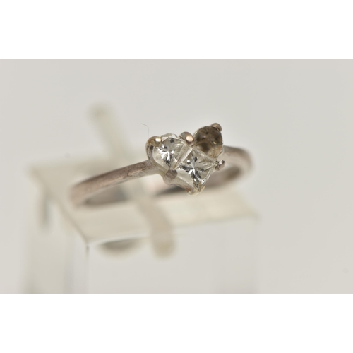 171 - A 18CT WHITE GOLD DIAMOND RING, AF heart shape ring set with two diamonds (one missing), pinched sho... 