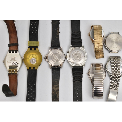 178 - A BAG OF ASSORTED WRISTWATCHES, eight watches in total to include a quartz 'Swatch Swiss' round oran... 