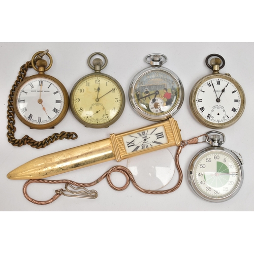 180 - FOUR POCKET WATCHES, A STOP WATCH AND A NOVELTY CLOCK LETTER OPENER, to include a novelty manual win... 