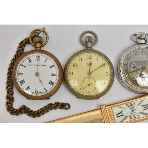 180 - FOUR POCKET WATCHES, A STOP WATCH AND A NOVELTY CLOCK LETTER OPENER, to include a novelty manual win... 