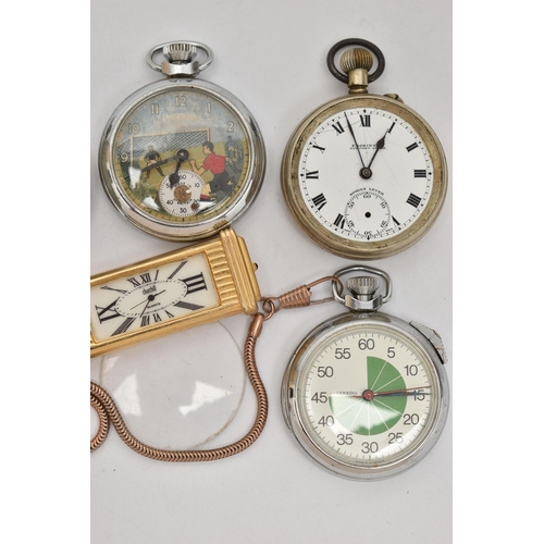 180 - FOUR POCKET WATCHES, A STOP WATCH AND A NOVELTY CLOCK LETTER OPENER, to include a novelty manual win... 