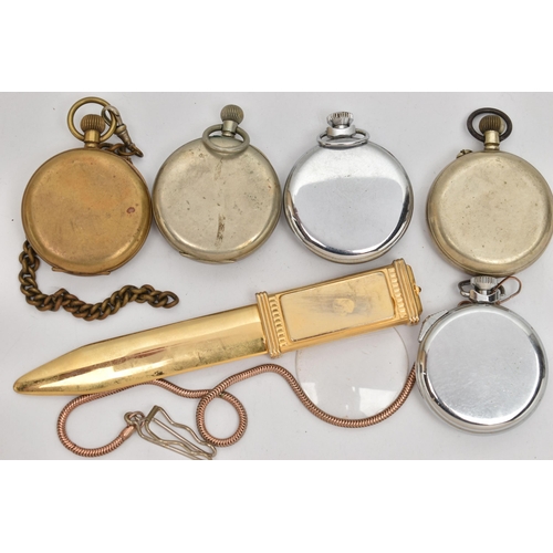 180 - FOUR POCKET WATCHES, A STOP WATCH AND A NOVELTY CLOCK LETTER OPENER, to include a novelty manual win... 