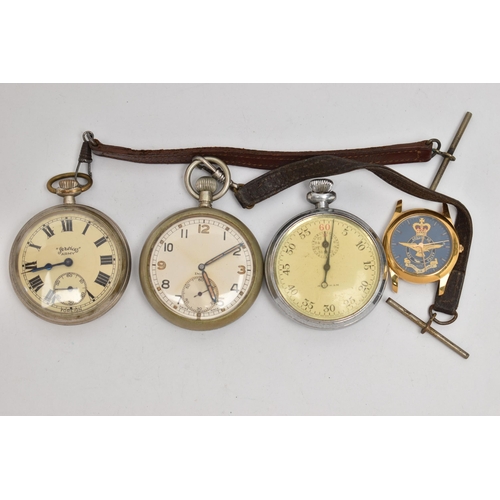 182 - TWO POCKET WATCHES A STOP WATCH AND AN RAF WATCH HEAD, to include a base metal, manual wind, open fa... 