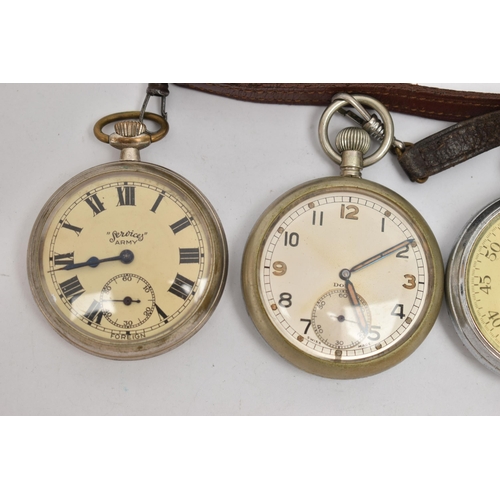 182 - TWO POCKET WATCHES A STOP WATCH AND AN RAF WATCH HEAD, to include a base metal, manual wind, open fa... 