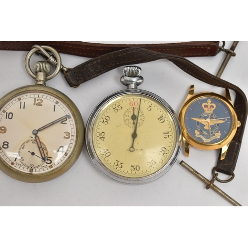 182 - TWO POCKET WATCHES A STOP WATCH AND AN RAF WATCH HEAD, to include a base metal, manual wind, open fa... 