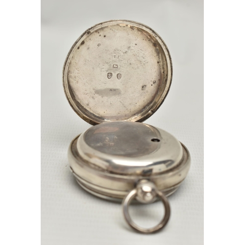 187 - A LATE VICTORIAN SILVER OPEN FACE POCKET WATCH, key wound, round white dial, Roman numerals, subsidi... 