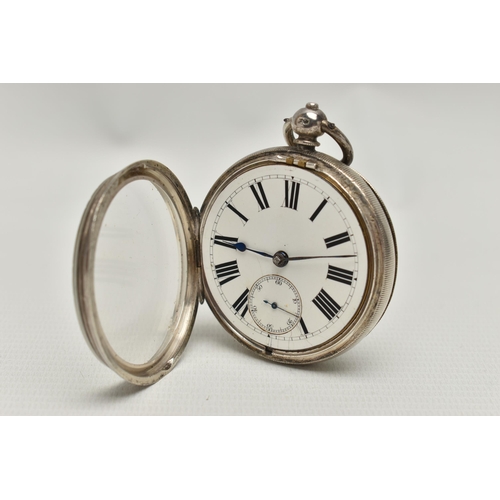 187 - A LATE VICTORIAN SILVER OPEN FACE POCKET WATCH, key wound, round white dial, Roman numerals, subsidi... 