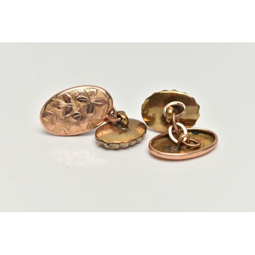 192 - A PAIR OF 9CT GOLD CUFFLINKS AND A LADYS WRISTWATCH, oval chain link cufflinks with engraved ivy and... 