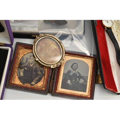 195 - A BOX OF ASSORTED ITEMS, to include a Victorian photo frame, fitted with one Victorian early photogr... 