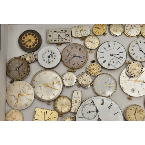 196 - A BOX OF LOOSE WATCH MOVEMENTS, pocket watch and wristwatch movements, names to include 'Accurist, S... 