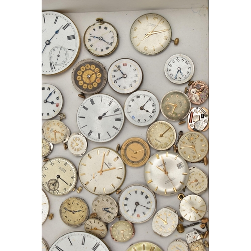 196 - A BOX OF LOOSE WATCH MOVEMENTS, pocket watch and wristwatch movements, names to include 'Accurist, S... 