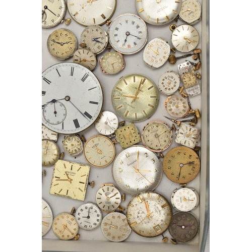 196 - A BOX OF LOOSE WATCH MOVEMENTS, pocket watch and wristwatch movements, names to include 'Accurist, S... 