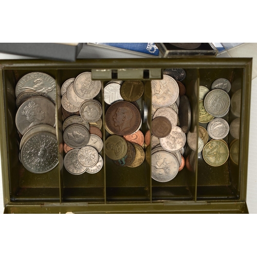 197 - A MONEY TIN WITH COINAGE AND COMMEMORATIVES, coins to include a 1957 Half Crown, One Shillings, Six ... 