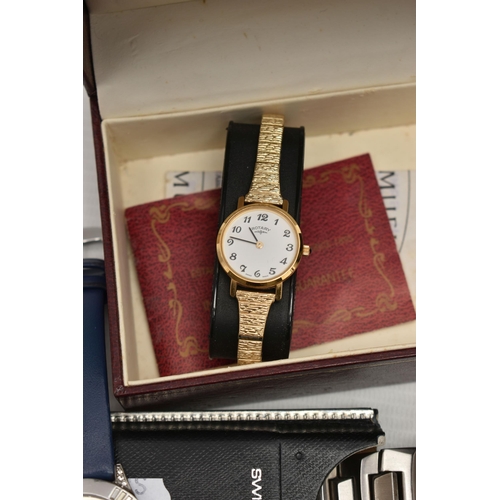 199 - A BOX OF WRISTWATCHES, to include a ladys boxed 'Karen Millen' quartz watch, a ladys boxed 'Rotary',... 