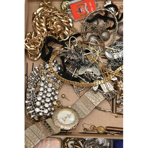 200 - A BOX OF ASSORTED COSTUME JEWELLERY AND ITEMS, to include yellow and white metal chains, pendant nec... 