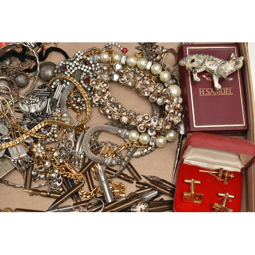 200 - A BOX OF ASSORTED COSTUME JEWELLERY AND ITEMS, to include yellow and white metal chains, pendant nec... 