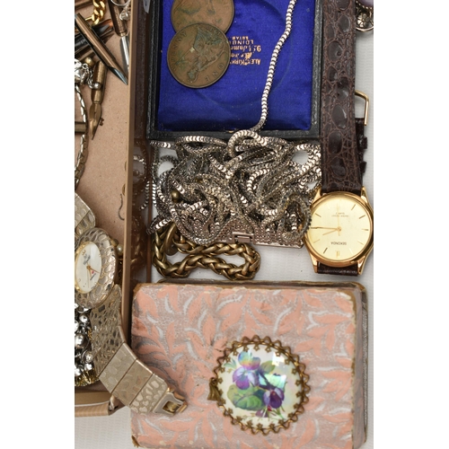 200 - A BOX OF ASSORTED COSTUME JEWELLERY AND ITEMS, to include yellow and white metal chains, pendant nec... 