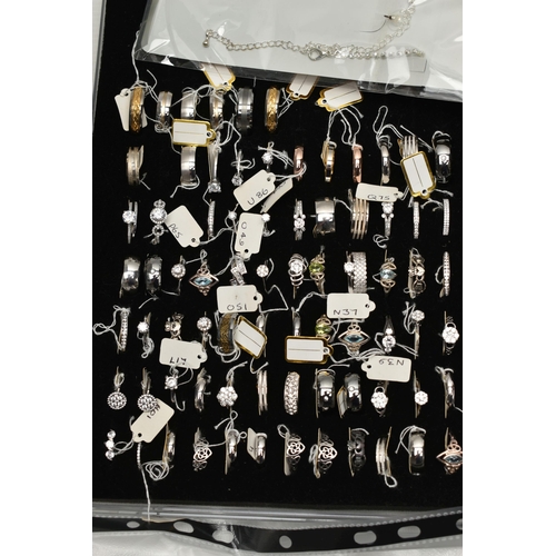 202 - BOXED AND LOOSE SETS OF COSTUME JEWELLERY, to include a ring box with mostly white metal rings, a lo... 