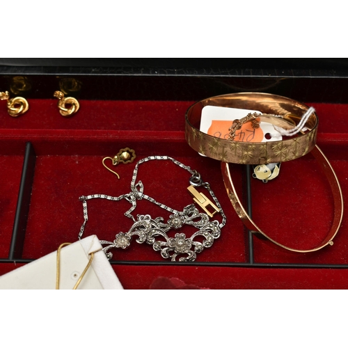 203 - TWO JEWELLERY BOXES WITH CONTENTS OF COSTUME JEWELLERY, to include a 50 micron 9ct rolled gold hinge... 