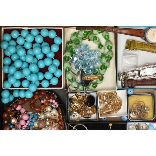 205 - A BOX OF ASSORTED COSTUME JEWELLERY, to include beaded necklaces, rings, earrings, chains, brooches,... 