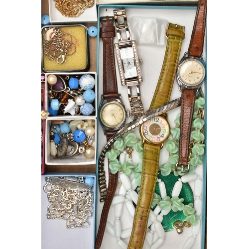 205 - A BOX OF ASSORTED COSTUME JEWELLERY, to include beaded necklaces, rings, earrings, chains, brooches,... 