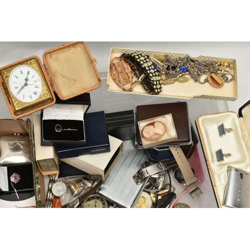 207 - A BOX OF ASSORTED JEWELLERY AND WATCHES, to include a yellow metal stick pin, stamped 9ct, approxima... 