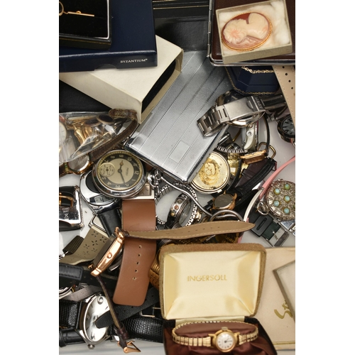 207 - A BOX OF ASSORTED JEWELLERY AND WATCHES, to include a yellow metal stick pin, stamped 9ct, approxima... 