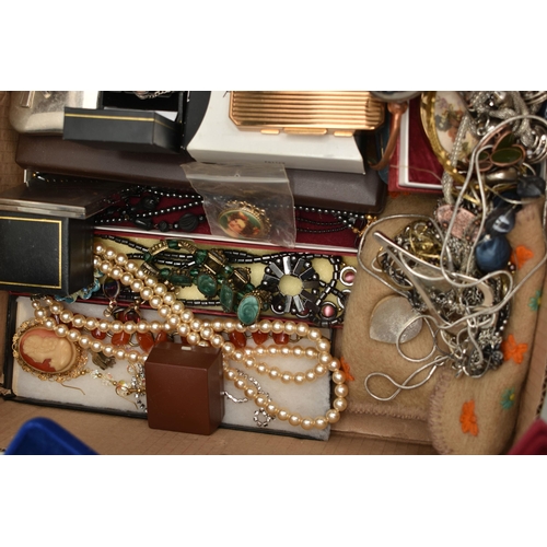 207 - A BOX OF ASSORTED JEWELLERY AND WATCHES, to include a yellow metal stick pin, stamped 9ct, approxima... 