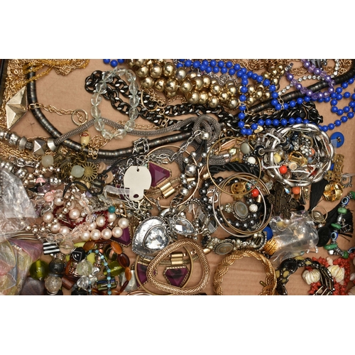 208 - THREE BOXES OF ASSORTED COSTUME JEWELLERY AND ITEMS, to include a large quantity of beaded necklaces... 