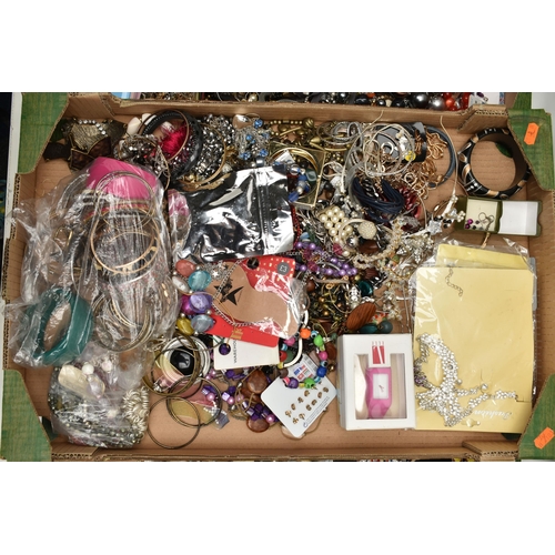 208 - THREE BOXES OF ASSORTED COSTUME JEWELLERY AND ITEMS, to include a large quantity of beaded necklaces... 