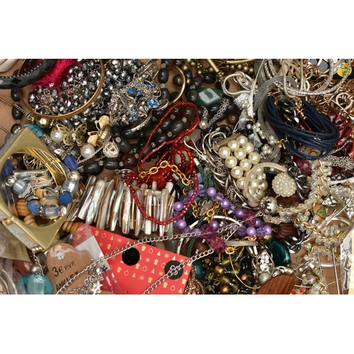 208 - THREE BOXES OF ASSORTED COSTUME JEWELLERY AND ITEMS, to include a large quantity of beaded necklaces... 