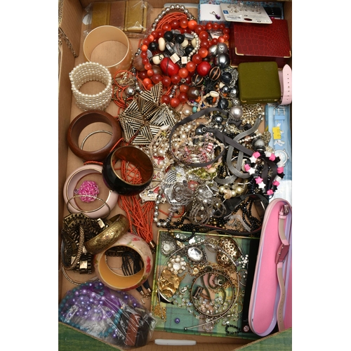 208 - THREE BOXES OF ASSORTED COSTUME JEWELLERY AND ITEMS, to include a large quantity of beaded necklaces... 