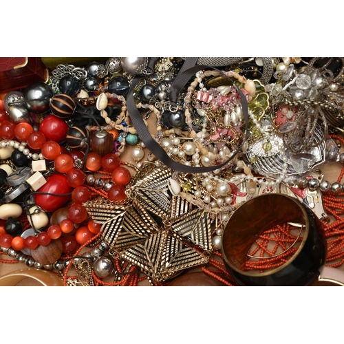 208 - THREE BOXES OF ASSORTED COSTUME JEWELLERY AND ITEMS, to include a large quantity of beaded necklaces... 