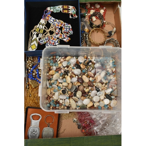 208 - THREE BOXES OF ASSORTED COSTUME JEWELLERY AND ITEMS, to include a large quantity of beaded necklaces... 