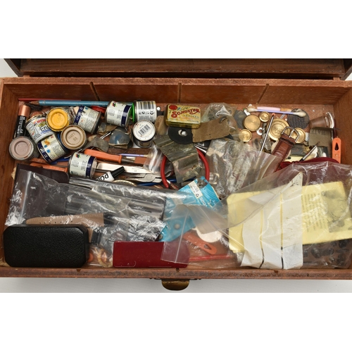 211 - A WATCH MAKERS WOODEN CHEST/DRAWERS CONTAINING WATCH PARTS AND STRAPS, TOOLS AND MISCELLANEOUS ITEMS... 