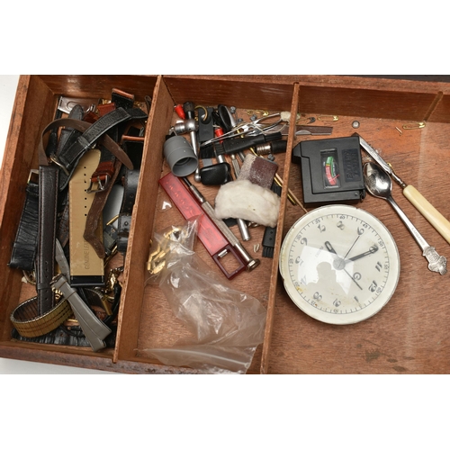 211 - A WATCH MAKERS WOODEN CHEST/DRAWERS CONTAINING WATCH PARTS AND STRAPS, TOOLS AND MISCELLANEOUS ITEMS... 