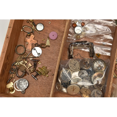 211 - A WATCH MAKERS WOODEN CHEST/DRAWERS CONTAINING WATCH PARTS AND STRAPS, TOOLS AND MISCELLANEOUS ITEMS... 