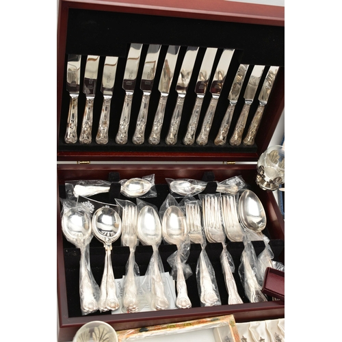 214 - A BOX OF SILVER PLATE, including a forty four piece canteen of Arthur Price Kings pattern EPNS cutle... 